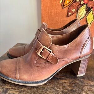 ECCO| Stylish ‘Saunter’ Brown Leather Block Heel Buckle Slip-on Shoes Sz 9/40